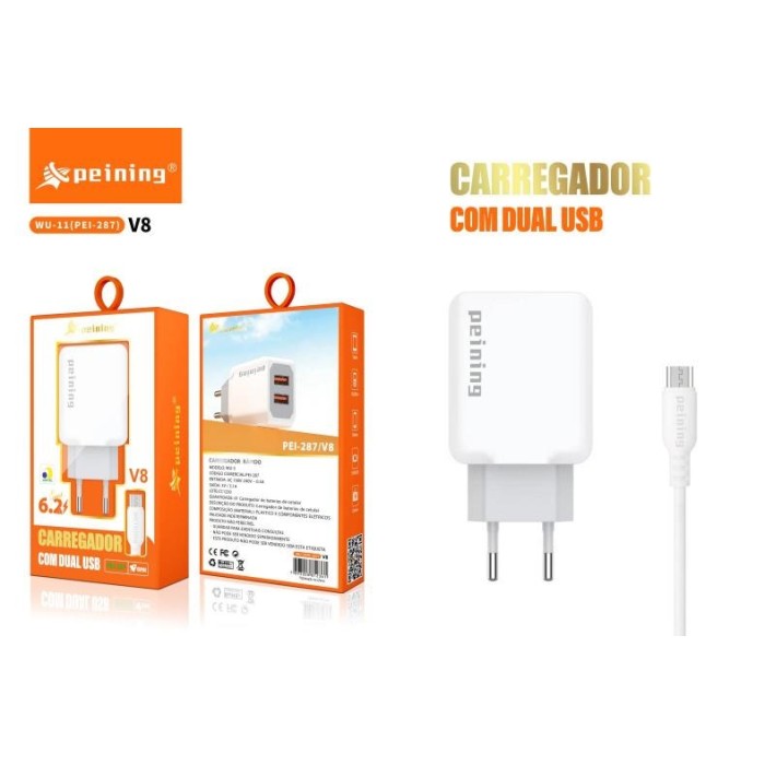 CARREGADOR PARA CELULAR FONTE DE ALIMENTACAO COM DUAS ENTRADAS USB 6.2A E CABO REF:PEI-287 V8